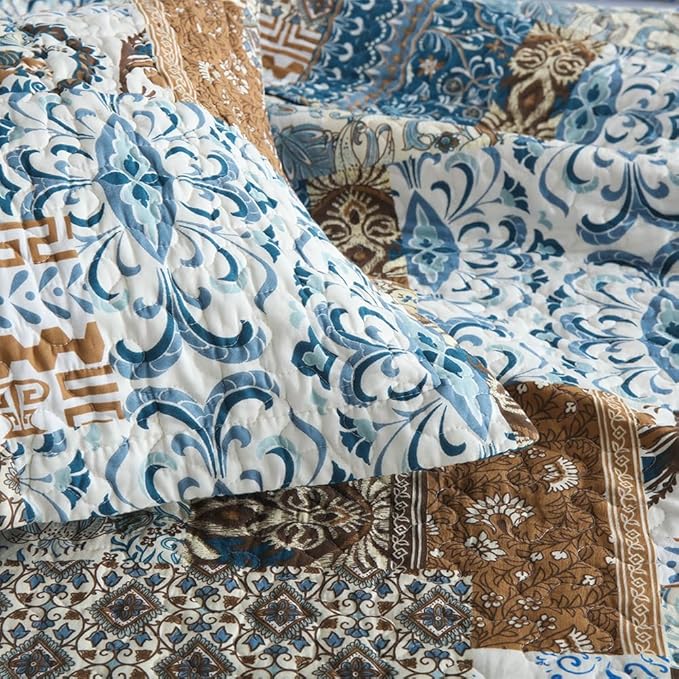ENASAL Cotton Bedspread Quilt Bedding Sets Reversible Coverlet Comforters Blue Bohemian Rustic Floral Patchwork Pattern Bedspread for All Season,Queen Size