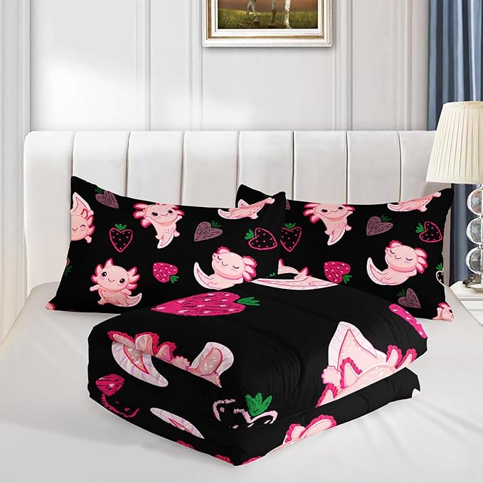 Cute Axolotl Bedding Set King Size,Pink Axolotl Strawberry Printed Comforter Sets Aesthetic Bedding for Kids Girls,Beach Coastal Animal Themed Comforter Sets with 2 Pillowcases.