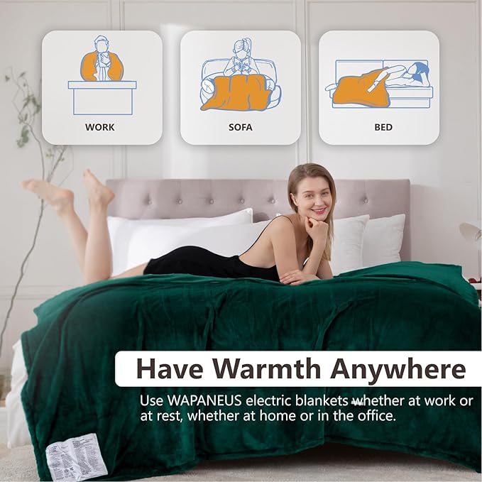 Wapaneus Heated Blanket Electric Blanket 62" x 84" Twin Size with 10 Heating Levels and 12 Hours time Settings, Flannel Fast-Heating Electric Blanket, ETL Listed, Machine Washable, Vintage Green