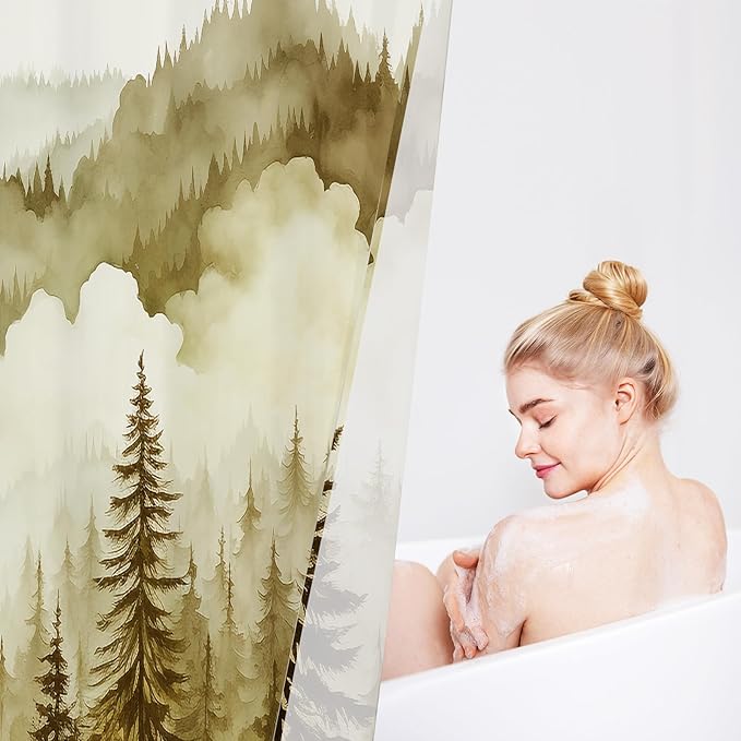 Yellow Long Misty Pine Forest Shower Curtain 72 x 78, Mountain Foggy Woodland Scenery Tree 78 Inch Long Shower Curtains for Bathroom, Abstract Waterproof Nature-Themed Decor