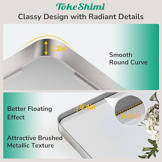 TokeShimi 48x24 Brushed Nickel Bathroom Mirror for Over Sink,Bathroom Rectangle Mirror with Tempered Glass,Vanity Mirror with Aluminum Frame(Horizontal/Vertical)