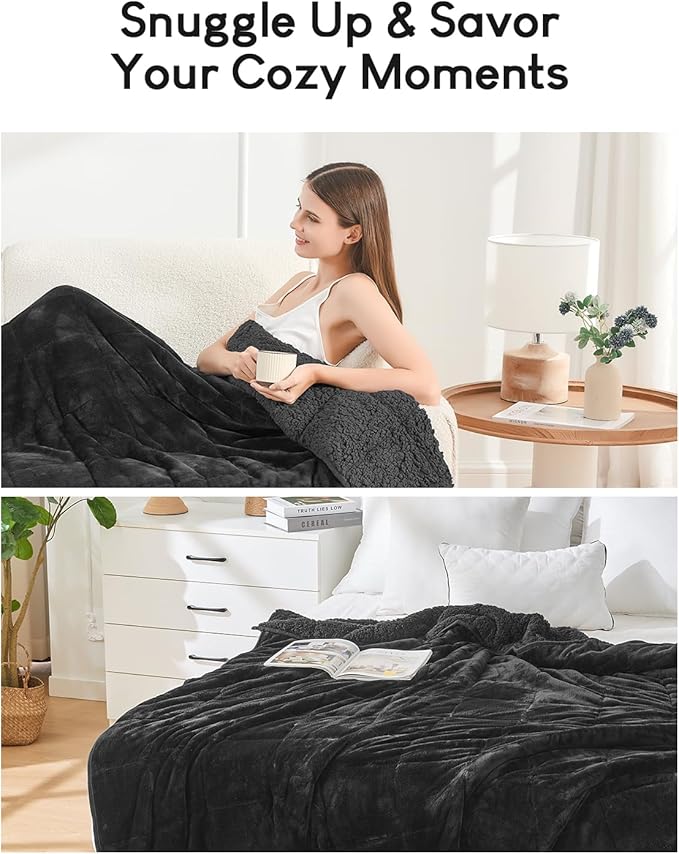 Cottonblue Sherpa Fleece Weighted Blanket 12lbs for Twin/Full Bed, Plush Bed Weighted Throw Blankets for Deep Sleep and Relaxation, Heavy Calm Blankets with Cemaric Beads, 48x72 Inches, Black