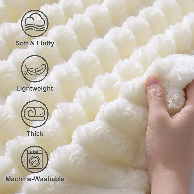 decorUhome Christmas Soft Fleece Cream White Twin Blanket for Bed, Cozy Fluffy Plush Flannel Striped Throws for Couch Sofa, Lightweight Decorative Ribbed Fuzzy Blanket for Woman, 60x80 Inches