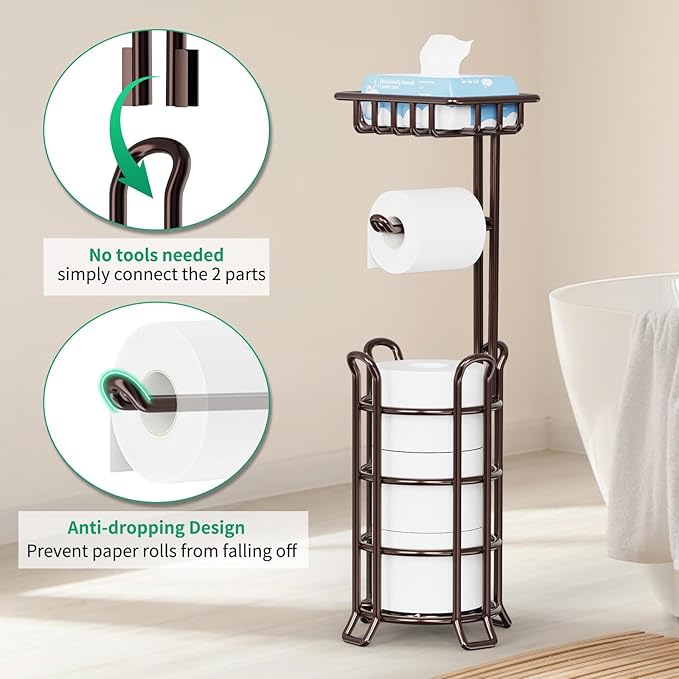 TomCare Toilet Paper Holder Upgraded Toilet Paper Stand with 4 Raised Feet Metal Free Standing Tissue Paper Roll Dispenser with Storage Shelf Sturdy Bathroom Accessories (Bronze)