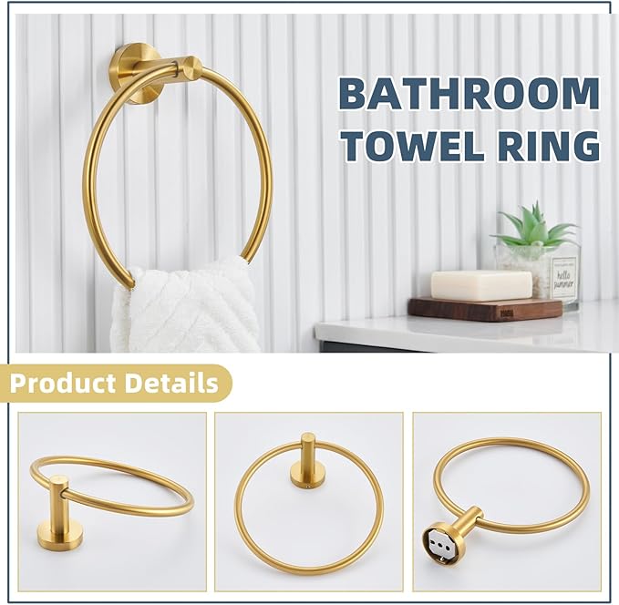 APLusee Brushed Gold 2 Pieces Bathroom Hardware Set, Hand Towel Ring and Toilet Paper Holder, 304 Stainless Steel Bath Accessories, Wall Mounted