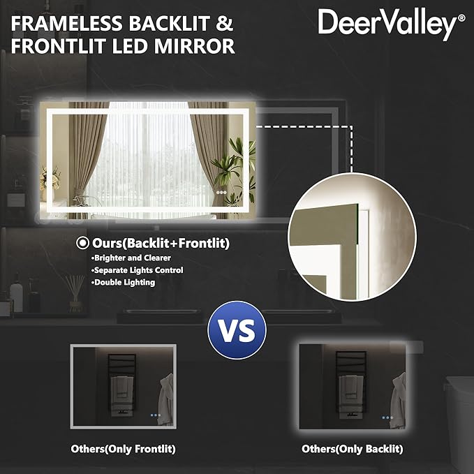 DeerValley LED Bathroom Mirror, 55" x 30" Front and Backlit Wall Mounted Bathroom Vanity Mirror, Anti-Fog, 3 Colors Dimmable, Shatterproof, Tempered Glass, Memory Function (Horizontal/Vertical)