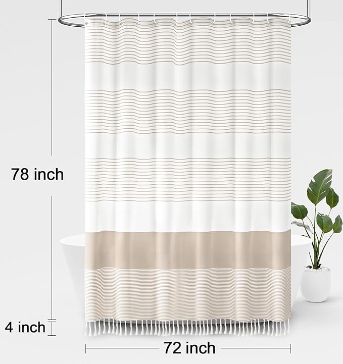 Awellife Boho Beige Shower Curtain for Bathroom Extra Long Cotton Stripe Tassel Shower Curtain 72 X 78 Inches Natural Texture