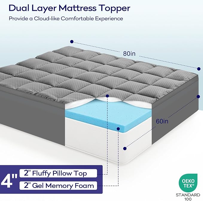 OLANLY Dual-Layer 4 Inch Queen Size Memory Foam Mattress Topper for Back Pain, 2 Inch Cooling Pillow Top Mattress Pad Cover and 2 Inch Gel Memory Foam Topper, Deep Elastic Pocket, Grey