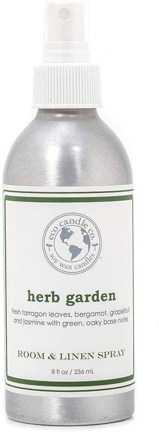 ECO CANDLE CO. Room & Linen Spray, Herb Garden, 8 oz. - Scents Of Tarragon, Bergamot, Grapefruit, & Jasmine - Recycled Aluminum Bottle, No Propellents, Pump Top, All Natural Ingredients