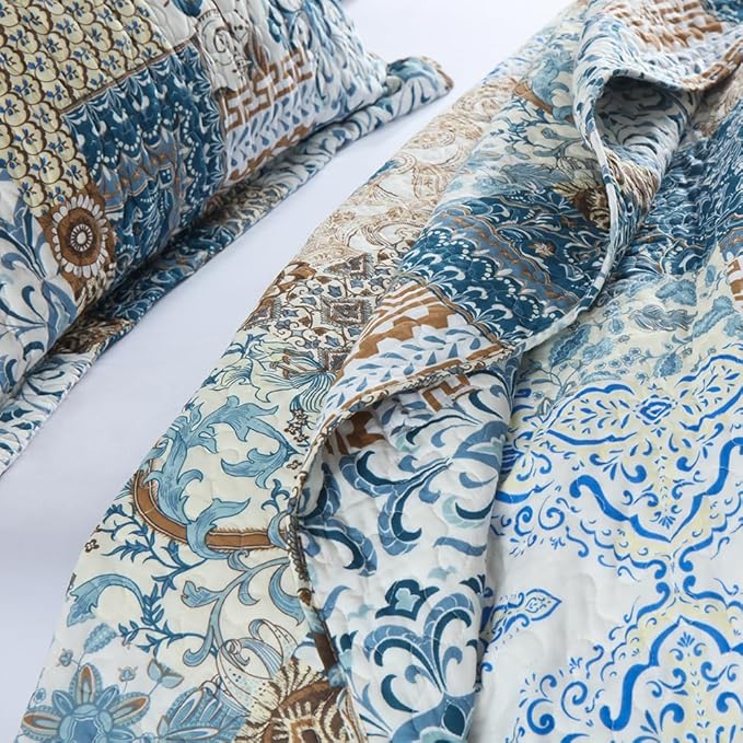 ENASAL Cotton Bedspread Quilt Bedding Sets Reversible Coverlet Comforters Blue Bohemian Rustic Floral Patchwork Pattern Bedspread for All Season,Queen Size