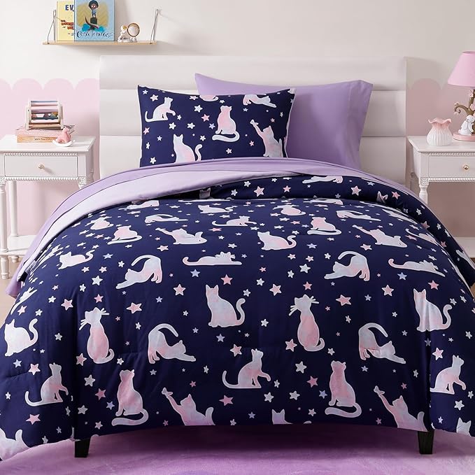 Twin Comforter Set for Girls-5 Pieces Cute Cat Twin Bedding Sets for Kids, Ultra Soft Bed in A Bag with Sheets