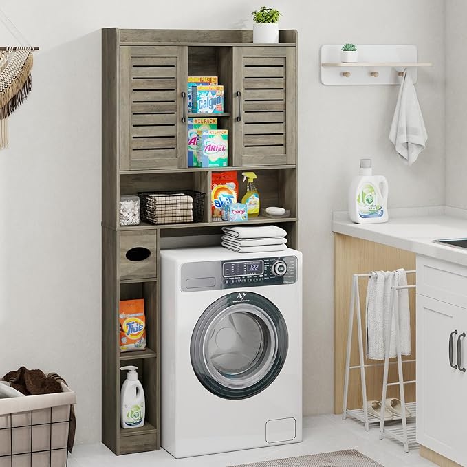 Over The Toilet Storage Cabinet, Farmhouse Storage Cabinet Over Toilet with 2 Louvered Door，Home Space-Saving Toilet Rack, for Restroom, Laundry， Bathroom