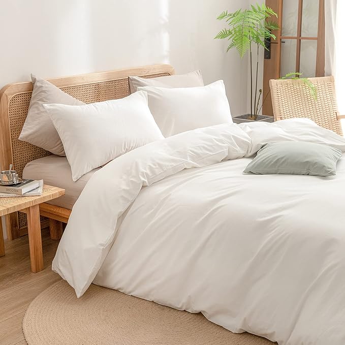 BESTOUCH Duvet Cover Set 100% Washed Cotton Linen Feel Super Soft Comfortable Chic Lightweight 3 PCs Home Bedding Set Solid Off White Super King Plus