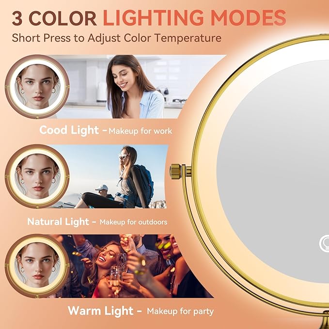GURUN 8" Wall Mounted Makeup Mirror,Magnifying Dual-Side Mirror,| 360° Rotation & Extended Arm Bathroom Mirror| 14" L x 14" W Retro Gold-led Light 7X M1406DGJ(8",7X)