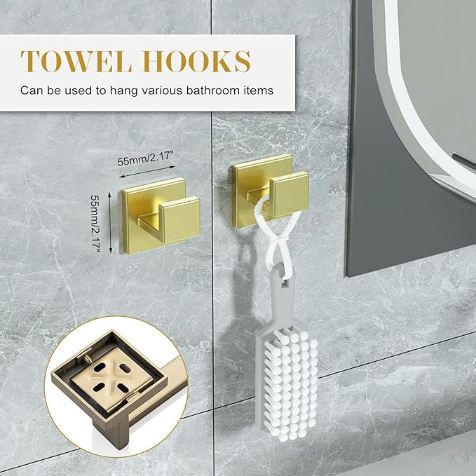 Bathroom Accessory Towel Bar Set: 10 Pieces Gold Square Bathroom Hardware SUS304 Stainless Steel - 24 Inch Wall Mounted Towel Rack&Toilet Paper Holder&Towel Ring and Towel Hook