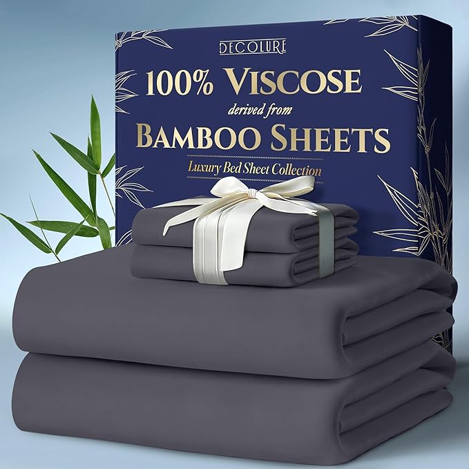 DECOLURE 100% Viscose Derived from Bamboo Sheets Queen Size 4pcs - Ultra Soft & Luxuriously Cooling, 17" Deep Pocket, Double Stitching, Perfect for Hot Sleepers - Queen Bed Sheets (Grey)