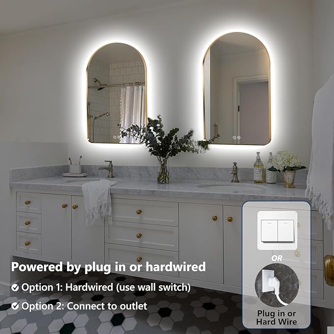 Niccy Arched LED Lighted Bathroom Mirror, 40x24 Inch Backlit Vanity Bathroom Mirror with Lights Brushed Gold Framed Wall Mounted Mirrors with 3 Color Shatterproof Arch Smart Fog Free Mirror