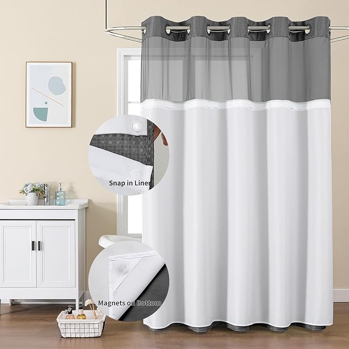Colorful Star No Hook Waffle Shower Curtain with Snap in Fabric, Waterproof Shower Curtains with Mesh Top Window, Hotel Luxury Heavy Duty Bathroom Curtain and Liner Set, 72'' x 75'', Charcoal Grey