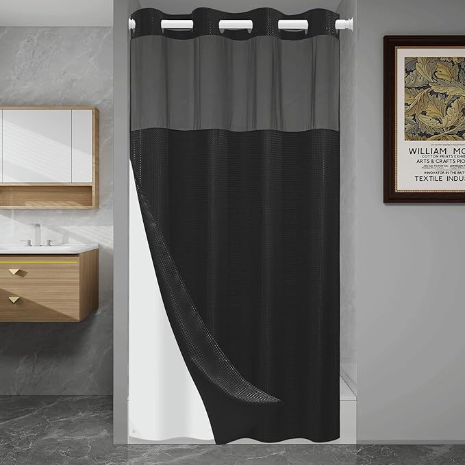 No Hook Shower Curtain with Snap in Liner Set Waffle Shower Curtain for Bathroom Hotel Style Fabric Waterproof Inner Liner，60" W x 74" H, Black