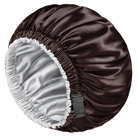 mikimini Satin Bonnet Pack of 2 for Men and Women, Reversible Double Layer Sleeping Silk Bonnet for Curly Hair Braids with Adjustable Widened Elastic Band Super Large Soft(XL, Chocolate/Silver)