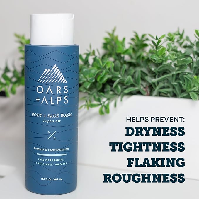 Oars + Alps Mens Moisturizing Body and Face Wash, Skin Care Infused with Vitamin E and Antioxidants, Sulfate Free, Aspen Air, 3 Pack