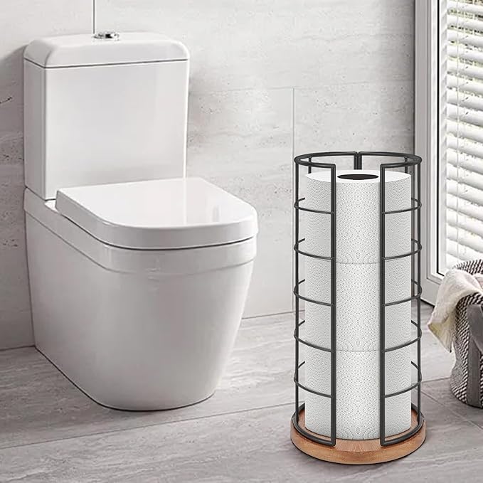NearMoon Toilet Paper Organizer Stand, Freestanding 3 Rolls Tissue Storage, Metal Bathroom Accessory, Rustproof Toilet Roll Holder for Kitchen Countertop Inside Cabinet Shelf(Wooden Base, Matte Black)