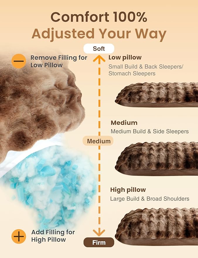 ZonLi Fluffy Bubble Body Pillow – Faux Rabbit Fur Long Pillow for Sleeping & Lounging, 20x54 inch Cozy Dual-Sided Plush Pillow with Adjustable Memory Foam Filling & Washable Cover, Brown