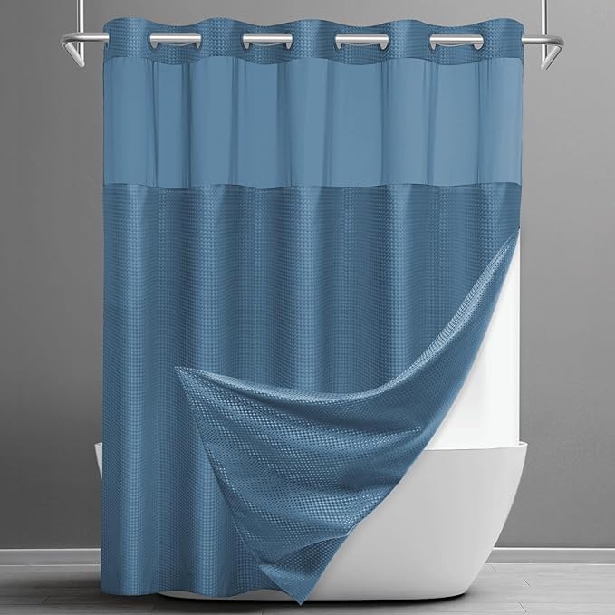 No Hook Shower Curtain with Snap in Liner Set Waffle Shower Curtain for Bathroom Hotel Style Fabric Waterproof Inner Liner，71" W x 74" H, Moonlight Blue