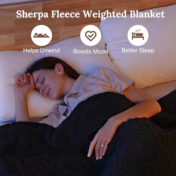 Sherpa Fleece Adult Weighted Blanket Great for Sleep, 20 lbs Dual Sided Soft Fuzzy Heavy Blankets for Couch Bed Sofa, Cozy Warm Fluffy Arched Jacquard Throw for Winter (Black, 60" x 80", 20 Pounds)
