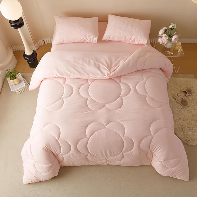 KAREVER Pink Flower Comforter Queen Pink Sunflower Print Bed Queen Comforter Set 3 Pieces Dark Pink Floral Comforter Set for Women Girls Bedroom Decor All Season Hotel Quality Comforter Set
