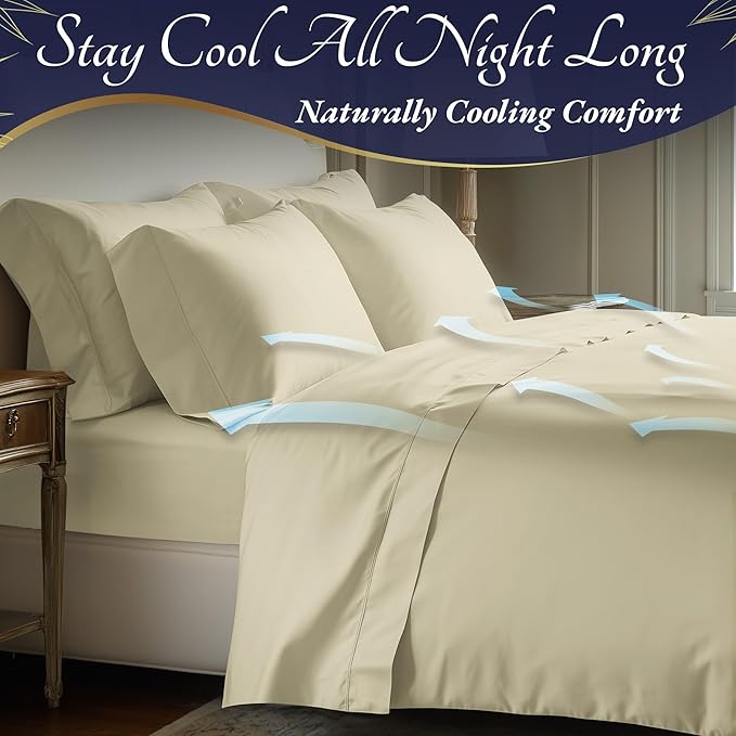 DECOLURE 100% Viscose Derived from Bamboo Sheets Queen Size 4pcs - Ultra Soft & Luxuriously Cooling, 17" Deep Pocket, Double Stitching, Perfect for Hot Sleepers - Queen Bed Sheets (Creme)