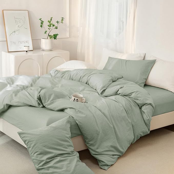 JIYUAN 100% Washed Cotton Duvet Cover Set 3 Pieces Cal King, 1 Duvet Cover 104x98 Inches(Comforter Not Included) and 2 Pillowcases,Linen Feel Bedding Set Comfy and Breathable, Heathered Sage Green