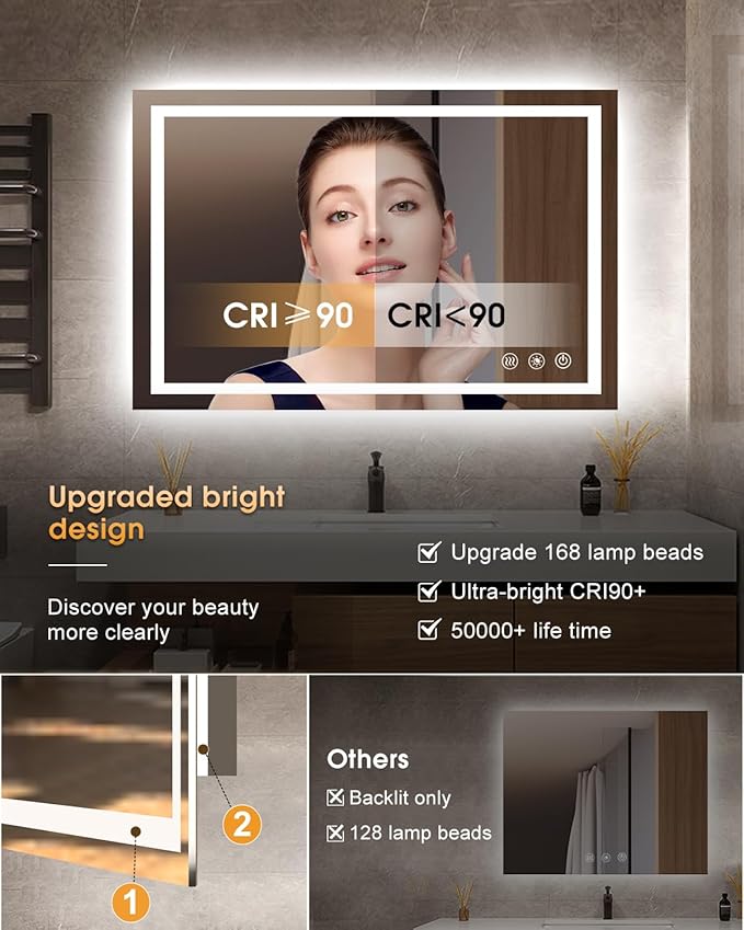 oneup 40''x24'' Bathroom Mirror with Lights,Front Lighted Bathroom Mirrors for Wall,Anti-Fog Smart Vanity Mirror,Touch Button and Memory Function,Dimmable 3-Color Lights (Horizontal/Vertical)