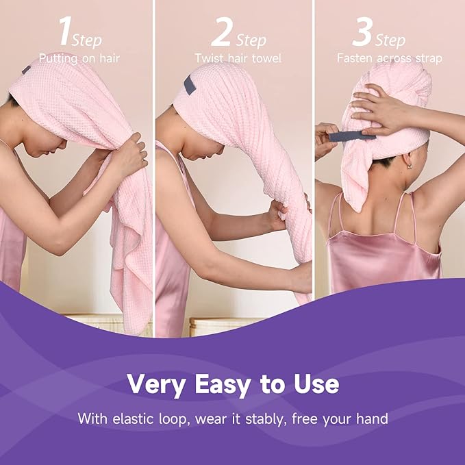Umisleep Extra Large Microfiber Hair Towel for Women Long, Curly, Thick Hair, Super Soft Anti Frizz Quick Dry Hair Towel Wrap, Ultra Absorbent Hair Turban with Elastic Band Pink