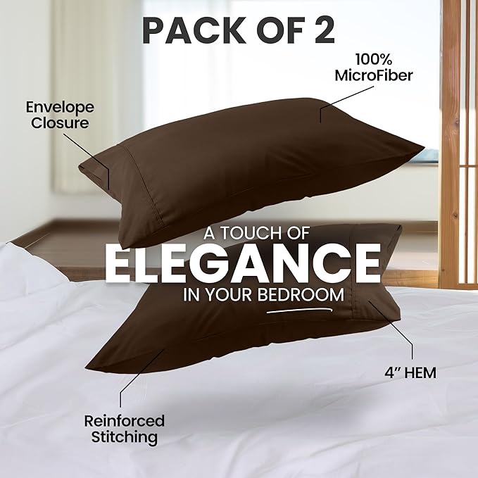 Utopia Bedding Pillow Cases Standard Size 2-Pack – Soft Brushed Microfiber – Envelope Closure – Perfect for Hospitals, Hotels, Guest Rooms – Oeko-TEX Certified, 20x26 Inches (Brown)