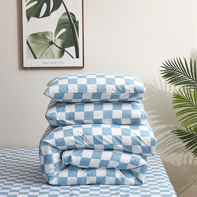 KAREVER Blue White Grid Comforter Set Cal King Blue Plaid Bedding Set Women Blue White Checkered Bed Blanket Set Men Durable Breathable Bedding Comforter Set