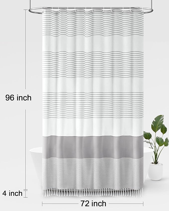 Awellife Boho Gray Shower Curtain for Bathroom Extra Long Stripe Tassel Shower Curtain 72 X 96 Inches