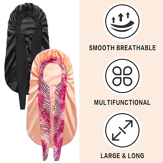 2Pcs Bonnets for Women Sleeping Braid Bonnet, Large Long Satin Silk Bonnet for Braids,Black Women Braid Bonnet with Stretchy Tie Band for Sleeping Extra Long (Black & Golden Pattern)