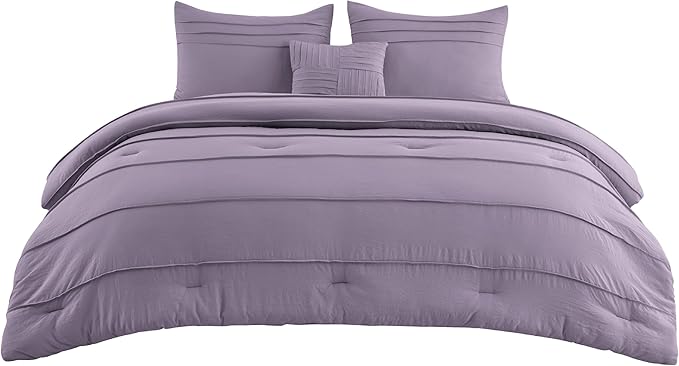 Bedsure Queen Comforter Set - 4 Pieces Pinch Pleat Bed Set, Purple Boho Bedding for All Season, 1 Soft Comforter, 2 Pillowcases, 1 Decorative Pillow