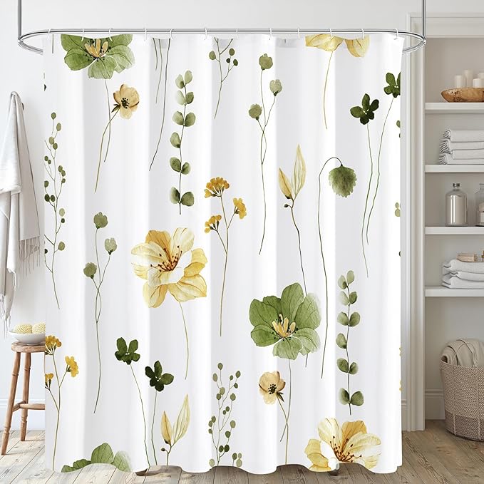 Gibelle Long Shower Curtain 72 x 78, Watercolor Floral Fabric Shower Curtain, Olive Green Beige Flower Decorative Bathroom Shower Curtain Set with Hooks