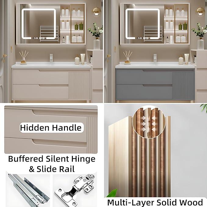 Cream Grey Sophisticated Bathroom Vanity - Bathroom Vanity with Smart Storage & Mirror Cabinet, Defogging, LED Light | Wall-Mounted Bathroom Storage Cabinet & Bathroom Vanity with Sink (Grey, 52IN)