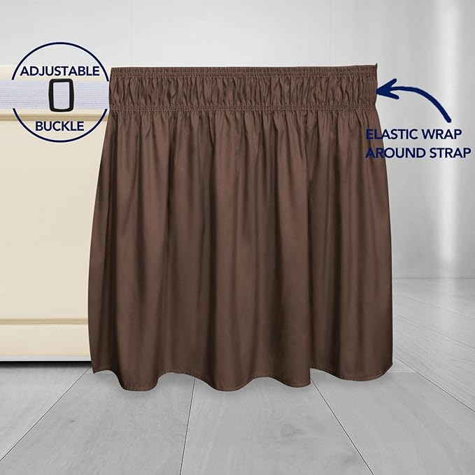 PureFit Wrap Around Ruffled Bed Skirt with Adjustable Elastic Belt - 22 Inch Drop Easy to Put On, Wrinkle Free Bedskirt Dust Ruffles, Bed Frame Cover for Twin,Twin XL and Full Size Beds, Brown