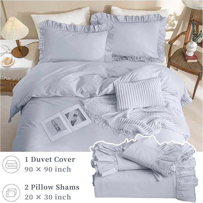 QSH Ruffle Duvet Cover Queen Size Washed Cotton,3pc Linen Feel Farmhouse Shabby Vintage Ruffled Bedding Set French Country Rustic Cornflower Blue Comforter Cover Aesthetic Soft Quilt Cover Set