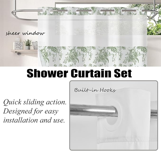 Floral Shower Curtain No Hooks with Snap in Fabric Liner Set,Spring Farmhouse Shower Curtain Hotel Bathroom Decor,with See Through Top Window,Green Flowers Fabric Waterproof,71x74 Inch