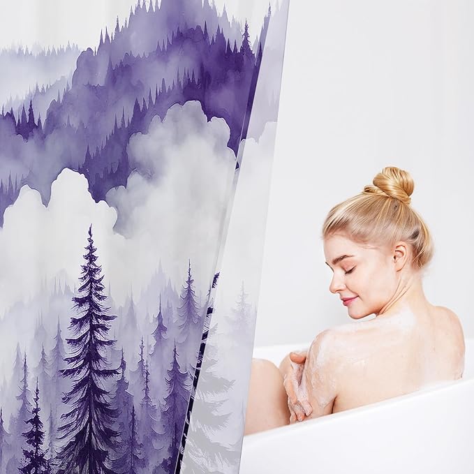 Purple Small Stall Misty Pine Forest Shower Curtain 36 x 72, Mountain Foggy Woodland Scenery Tree Narrow Half Size Shower Curtains for Bathroom, Abstract Waterproof Nature-Themed Decor