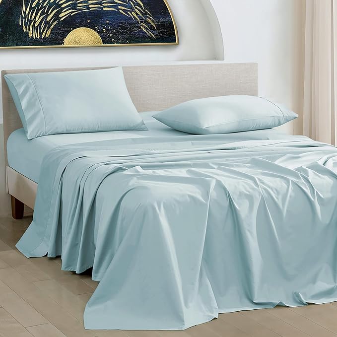 URBANHUT 100% Cotton 1000 Thread Count Twin Bedsheet Set, Long Staple Sheets, Soft & Breathable, 4 Pc Bed Sheet Sets, Luxury Hotel Sateen Sheets Fits 16" Deep Pocket - Light Blue