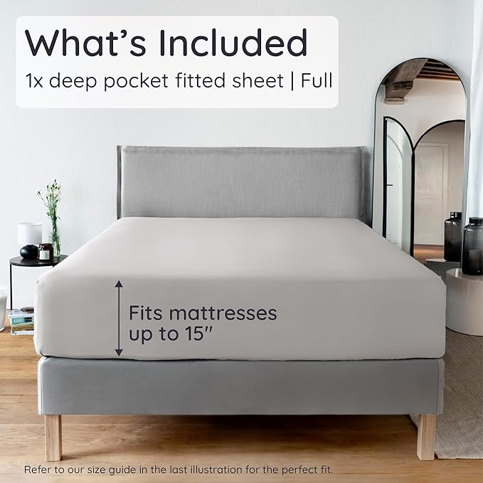 Bambaw 100% Viscose Derived from Bamboo Fitted Sheet Full Size, Cooling Fitted Sheet Full Size, 15’’ Deep Pockets Full Fitted Sheets Only, Ultra Soft Full Size Bottom Sheets Only (Moonlight Gray)