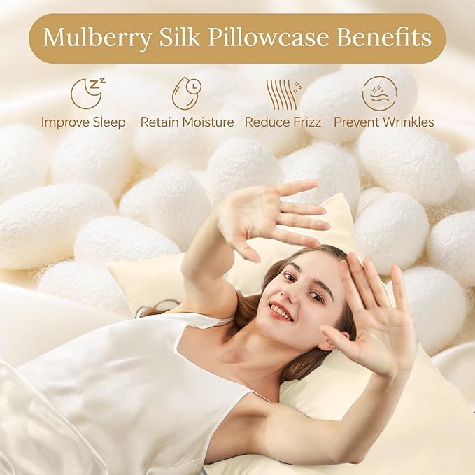 INFIIXSO Mulberry Silk Pillowcase for Hair and Skin, Silk Pillow Cases Standard Size with Hidden Zipper 20x26 Inches, Extraordinary Smooth and Soft Cooling Pillow Cases for Hot Sleepers(Ivory, 1 Pack)