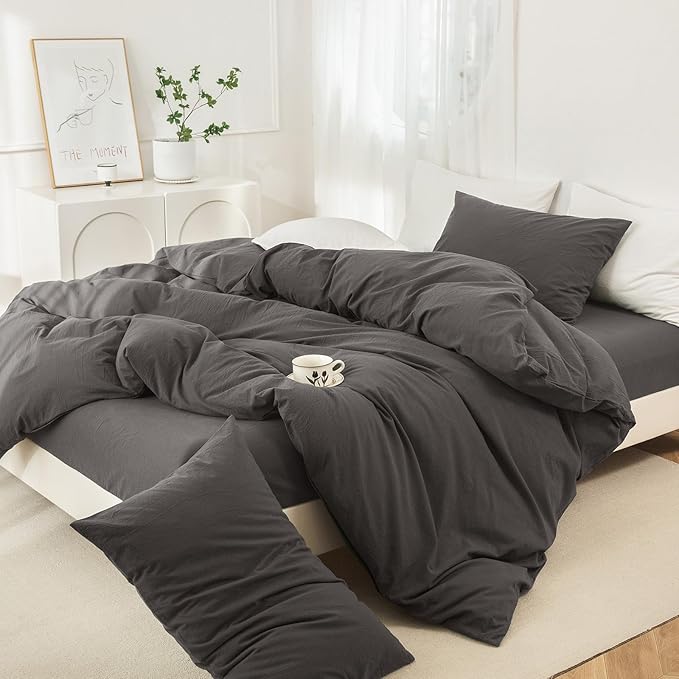 JIYUAN 100% Washed Cotton Duvet Cover Set 3 Pieces Oversized King, 1 Duvet Cover 120x98 Inches(Comforter Not Included) and 2 Pillowcases,Linen Feel Bedding Set Comfy and Breathable,Solid Dark Grey