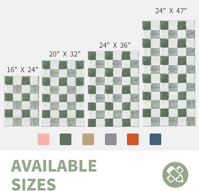 CozeCube Bath mats for Bathroom Non Slip, Fluffy Absorbent Microfiber Bath mat Washable, Aesthetic Bathroom Rugs, Long Sage Green Checkered Bath mat, Sage Green, 47" x 24"